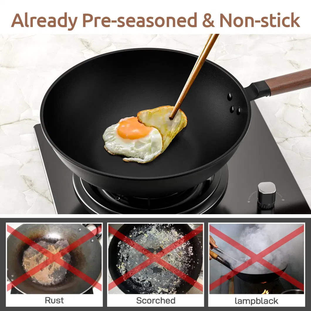 Carbon Steel Wok Stir-Fry-Pan with Lid Flat Bottom Cookware Electric Gas Available